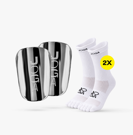 Gold or Chrome Shin Pads + 2 Barefoot Grip Socks