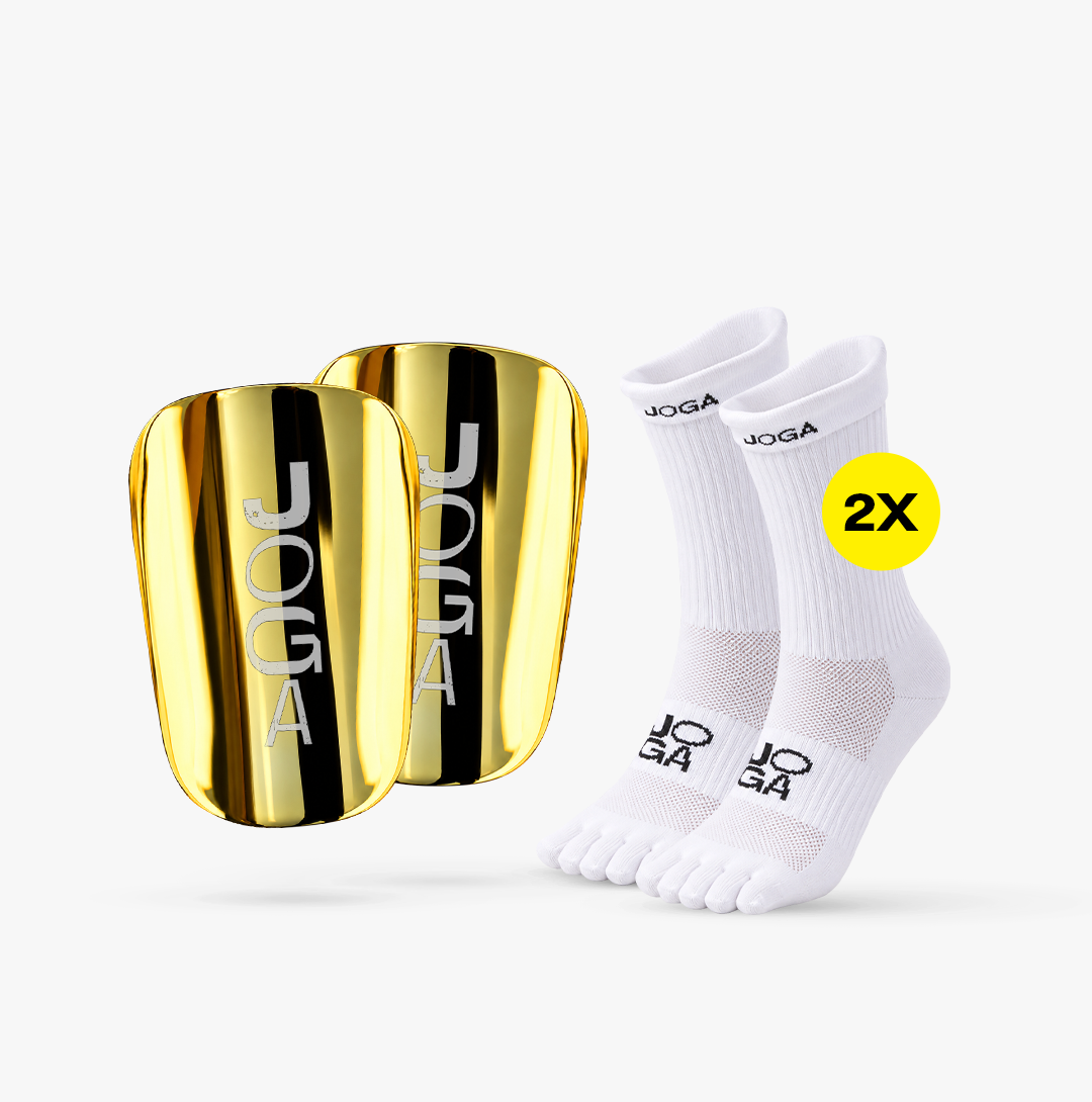 Gold or Chrome Shin Pads + 2 Barefoot Grip Socks